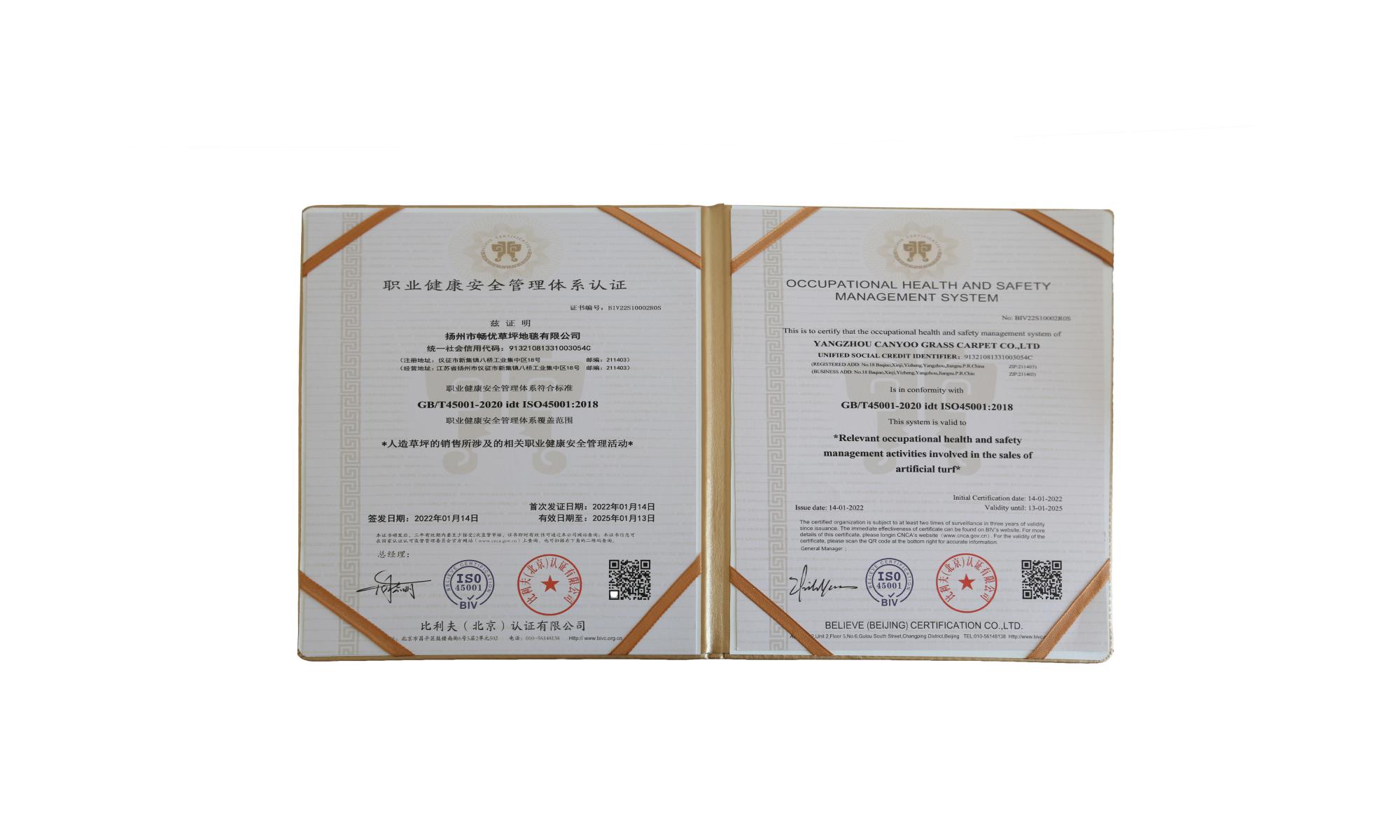 Occupational Health and Safety Management System Certificate 